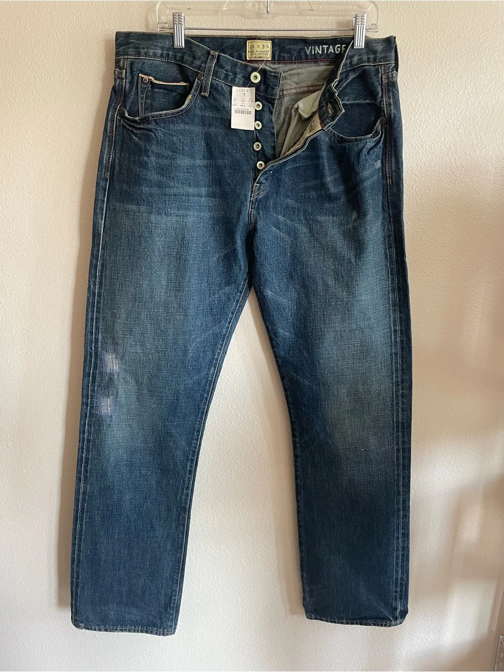 J. Crew Vintage Slim Fit button fly dark blue denim Jeans distressed vintage
